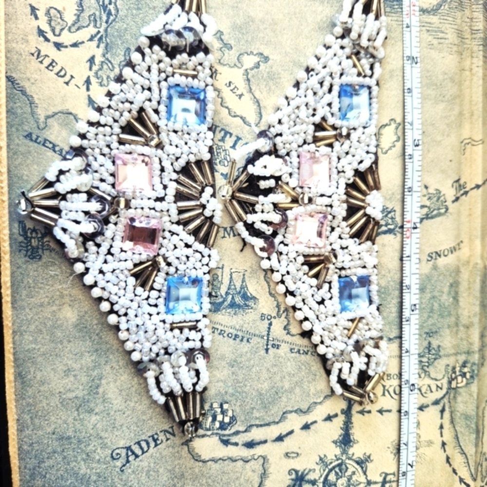 Hand Embroidered  Applique Beaded Triangle Shape Patches In  Pastel  Blue  Pink